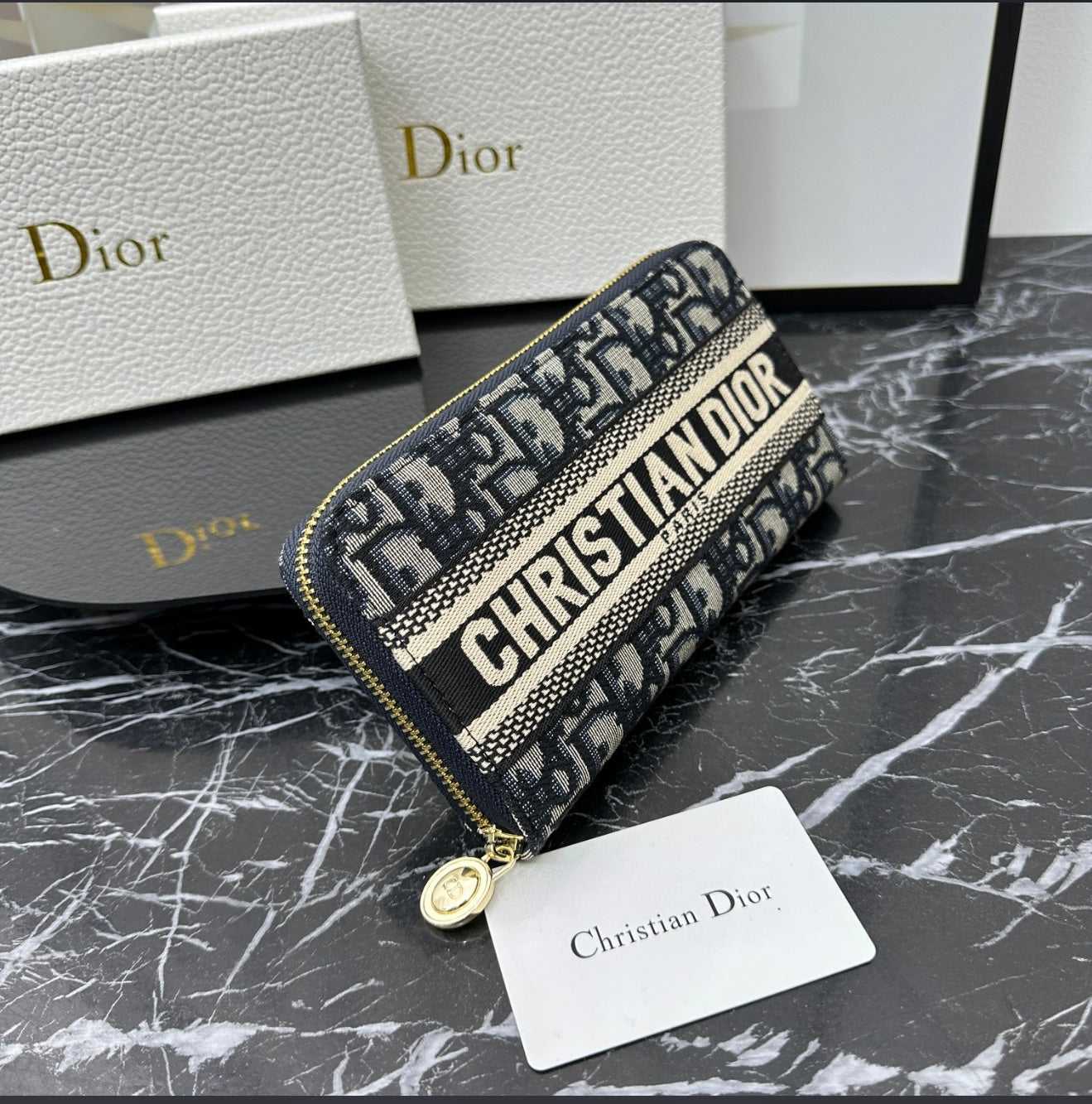 Christian Dior Oblique Canvas Zip Wallet - Navy Blue