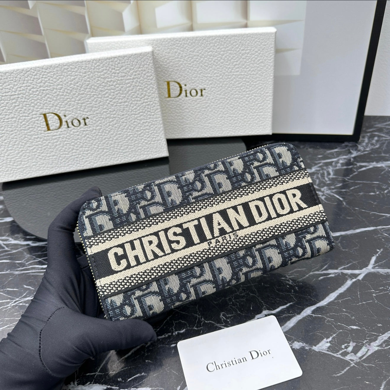 Christian Dior Oblique Canvas Zip Wallet - Navy Blue