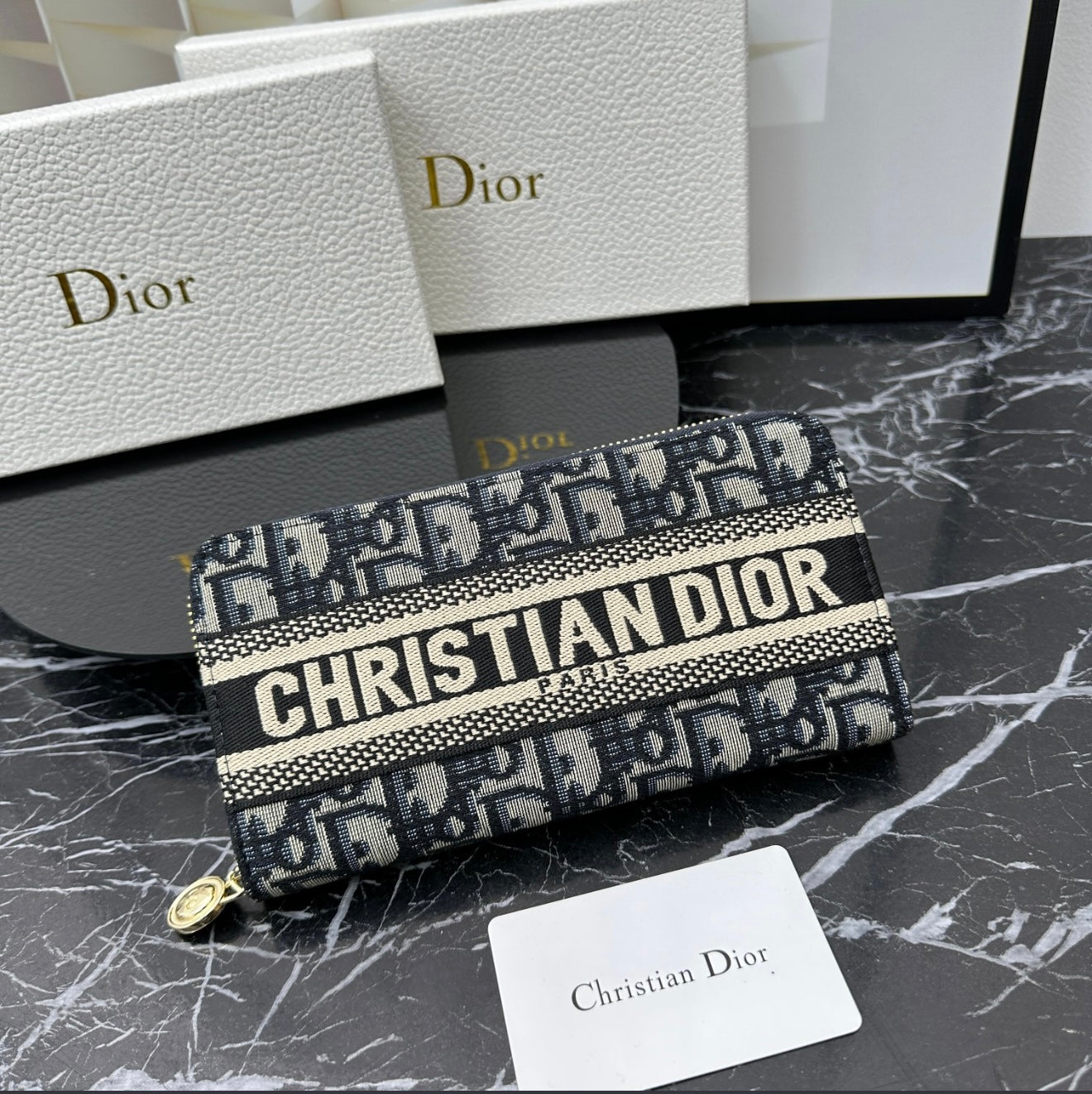 Christian Dior Oblique Canvas Zip Wallet - Navy Blue
