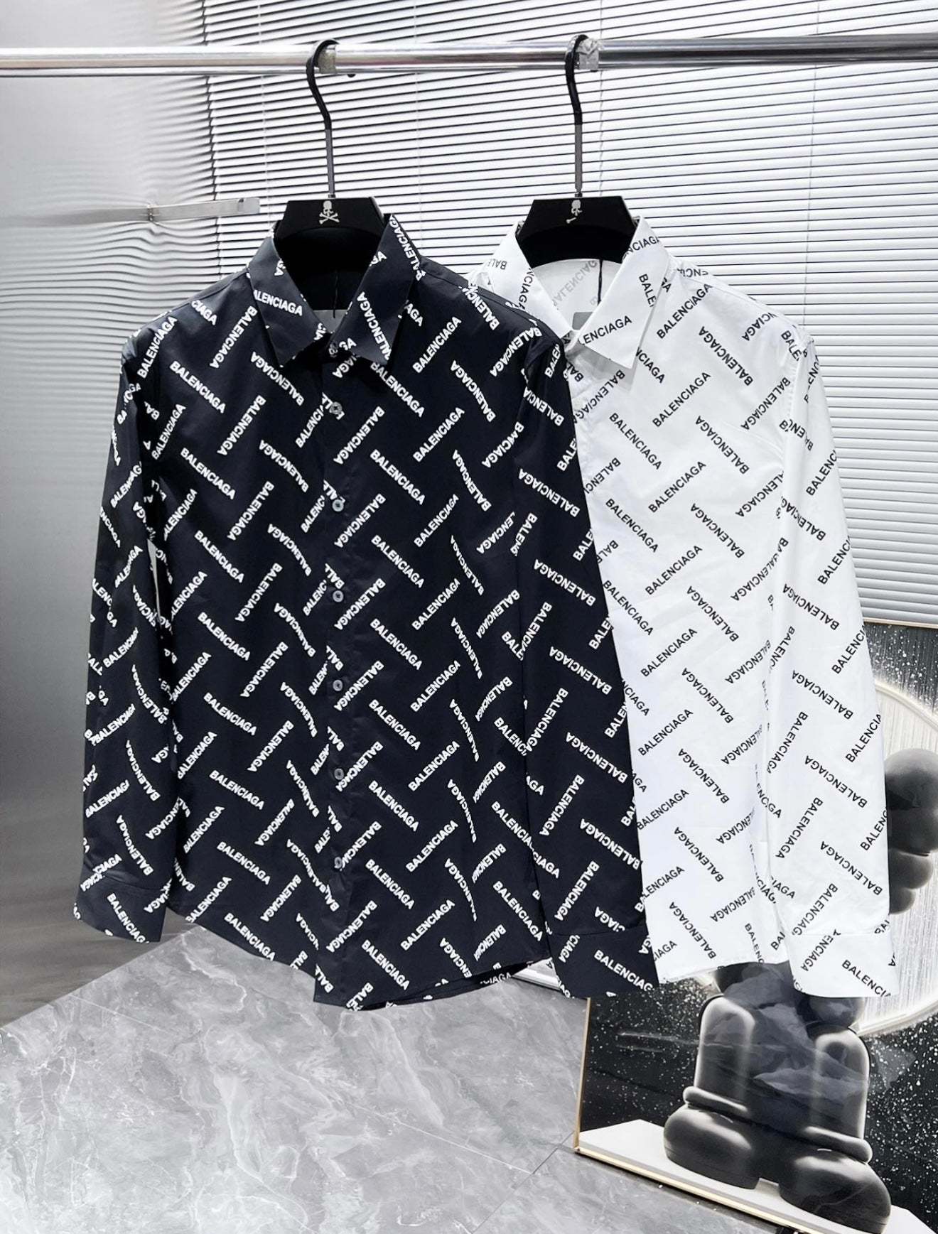 Balenciaga All-Over Logo Button-Up Shirt – Black or White