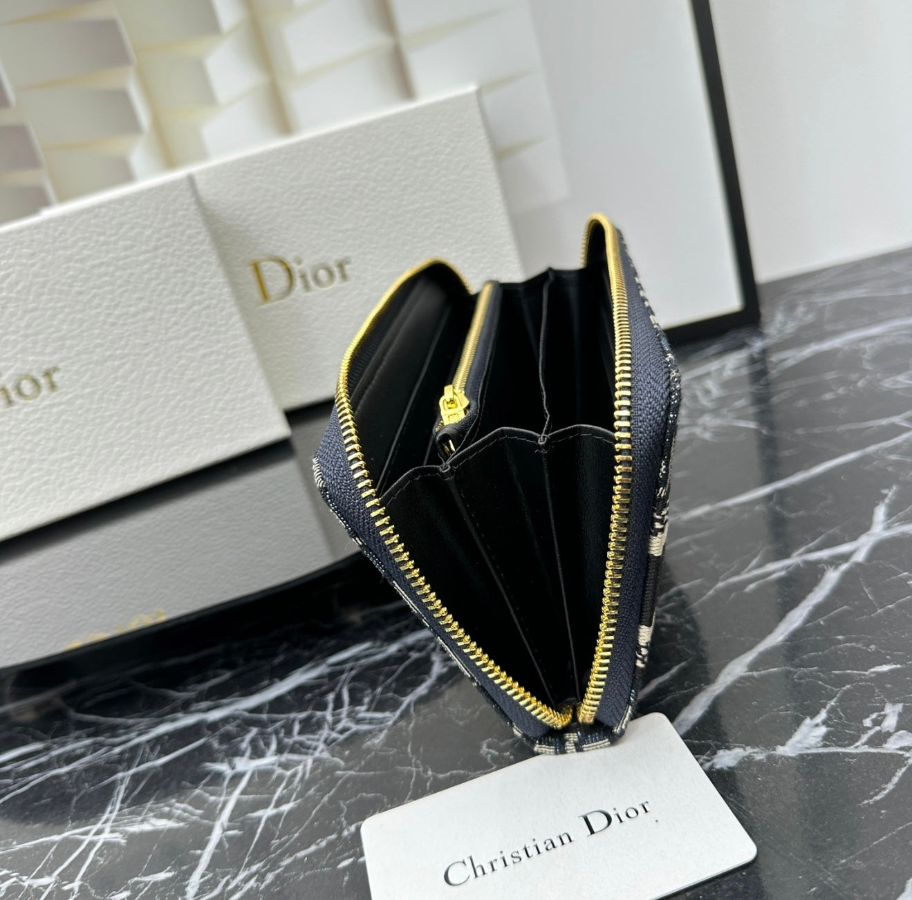 Christian Dior Oblique Canvas Zip Wallet - Navy Blue