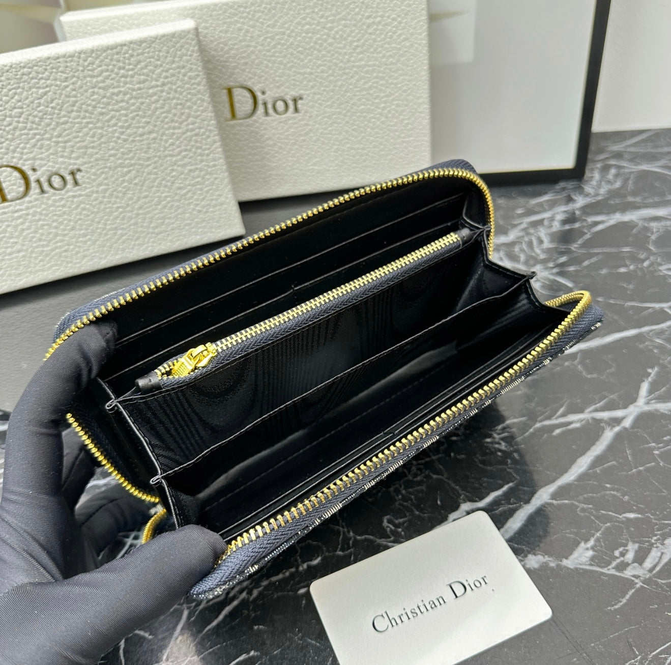 Christian Dior Oblique Canvas Zip Wallet - Navy Blue