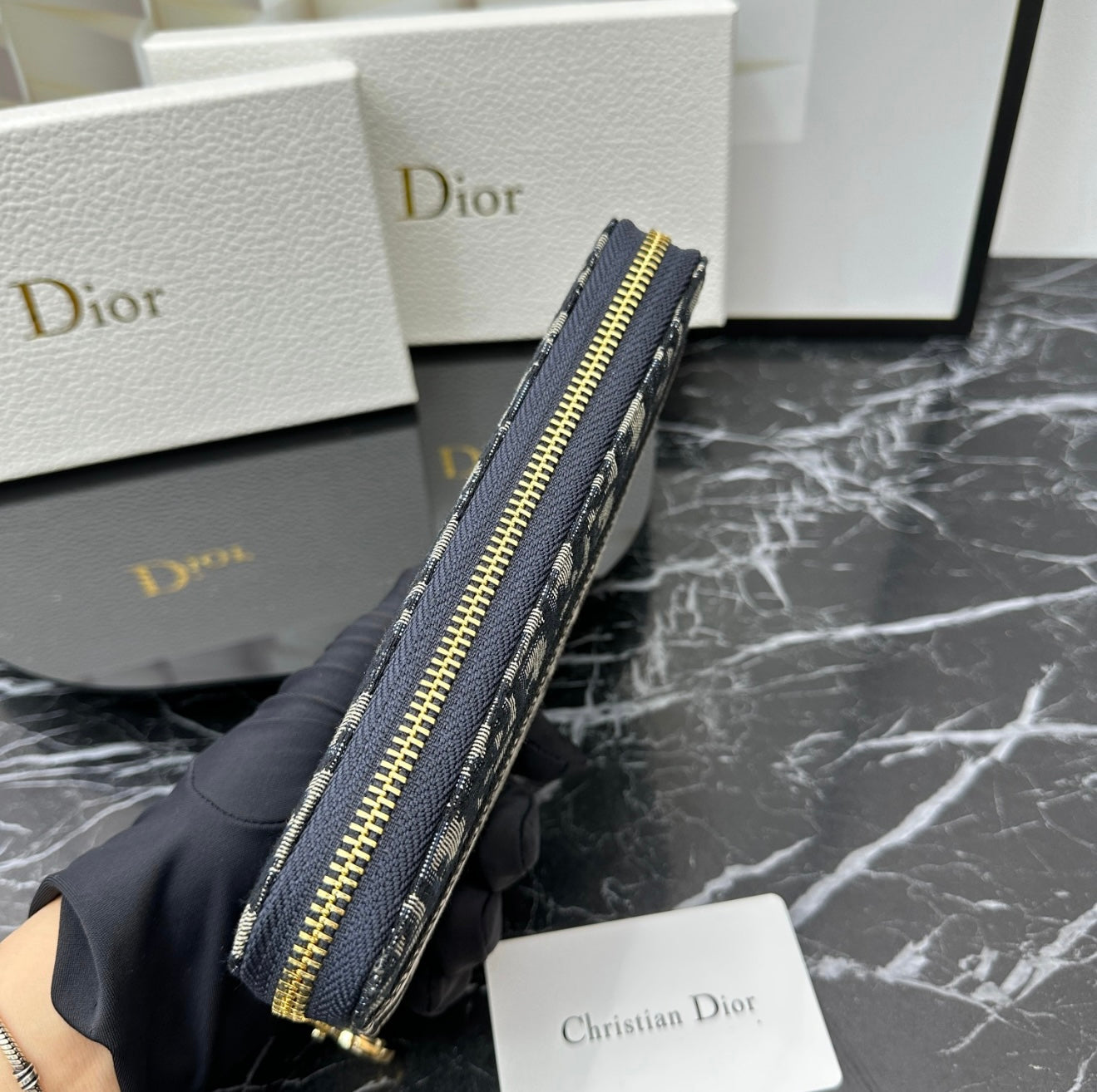 Christian Dior Oblique Canvas Zip Wallet - Navy Blue