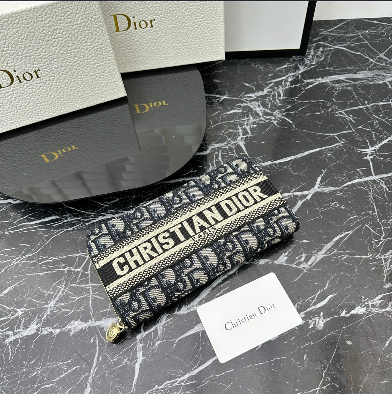Christian Dior Oblique Canvas Zip Wallet - Navy Blue