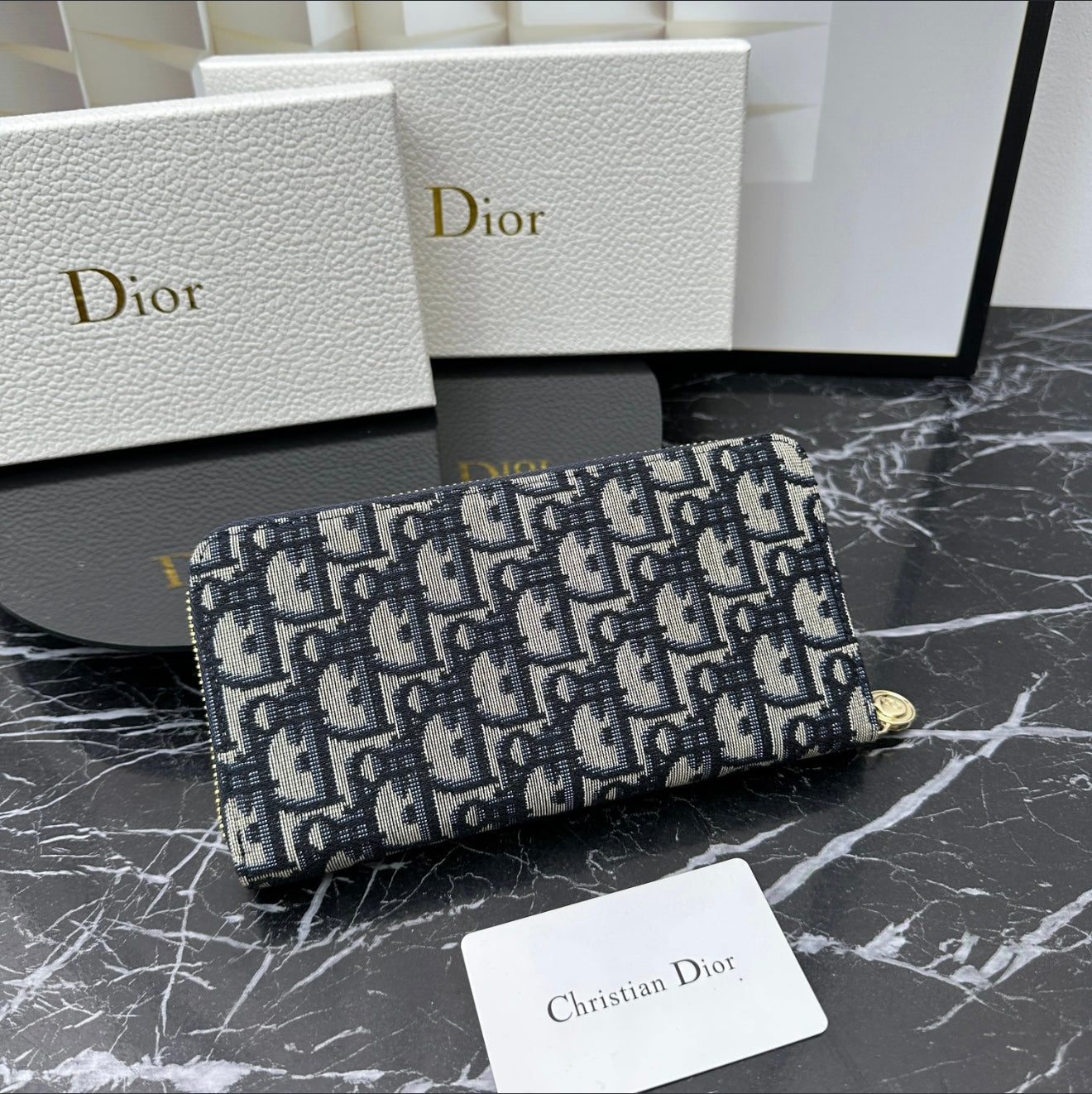 Christian Dior Oblique Canvas Zip Wallet - Navy Blue