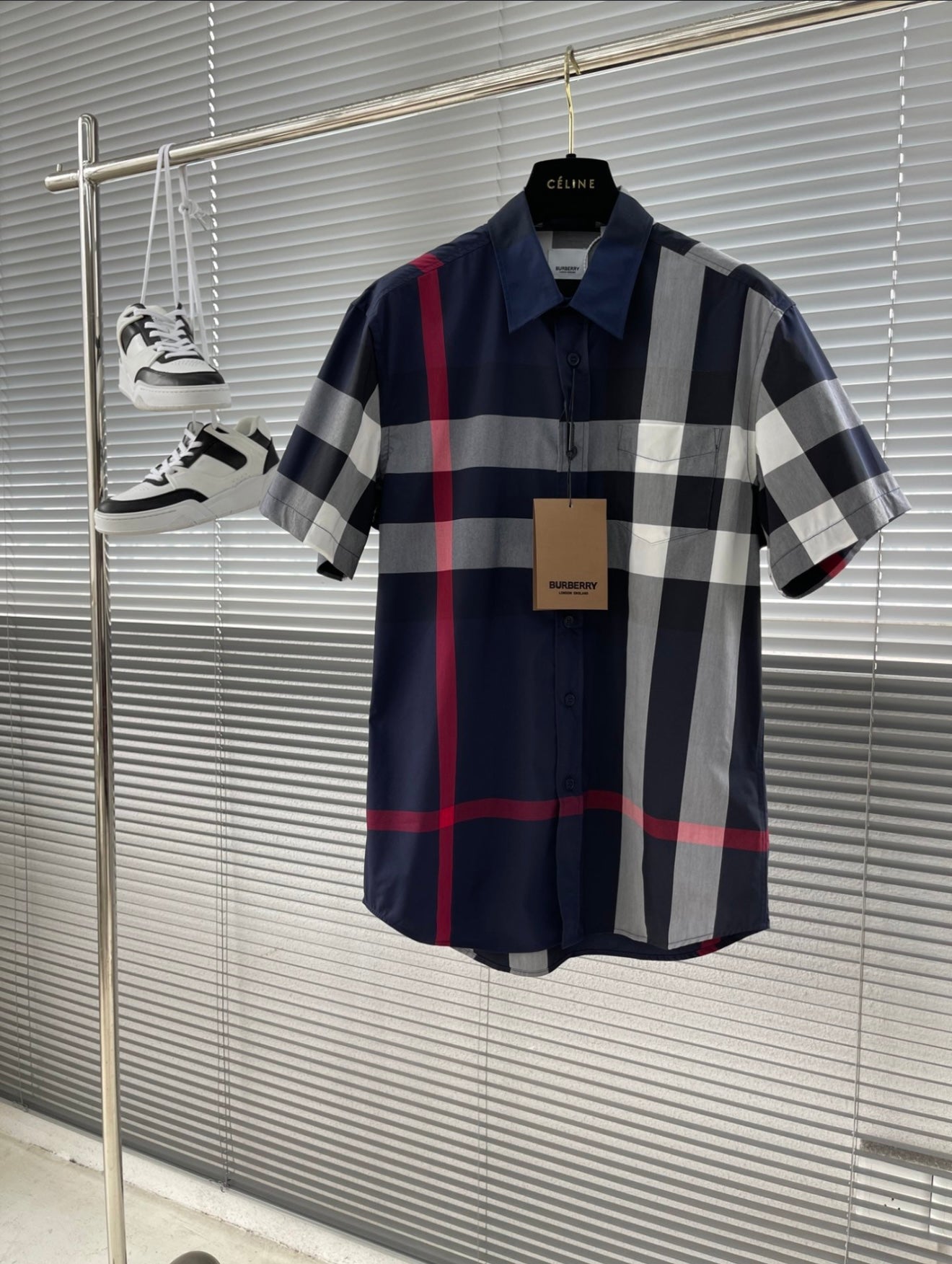 Burberry Men’s Short Sleeve Check Shirt – Navy / Grey / White