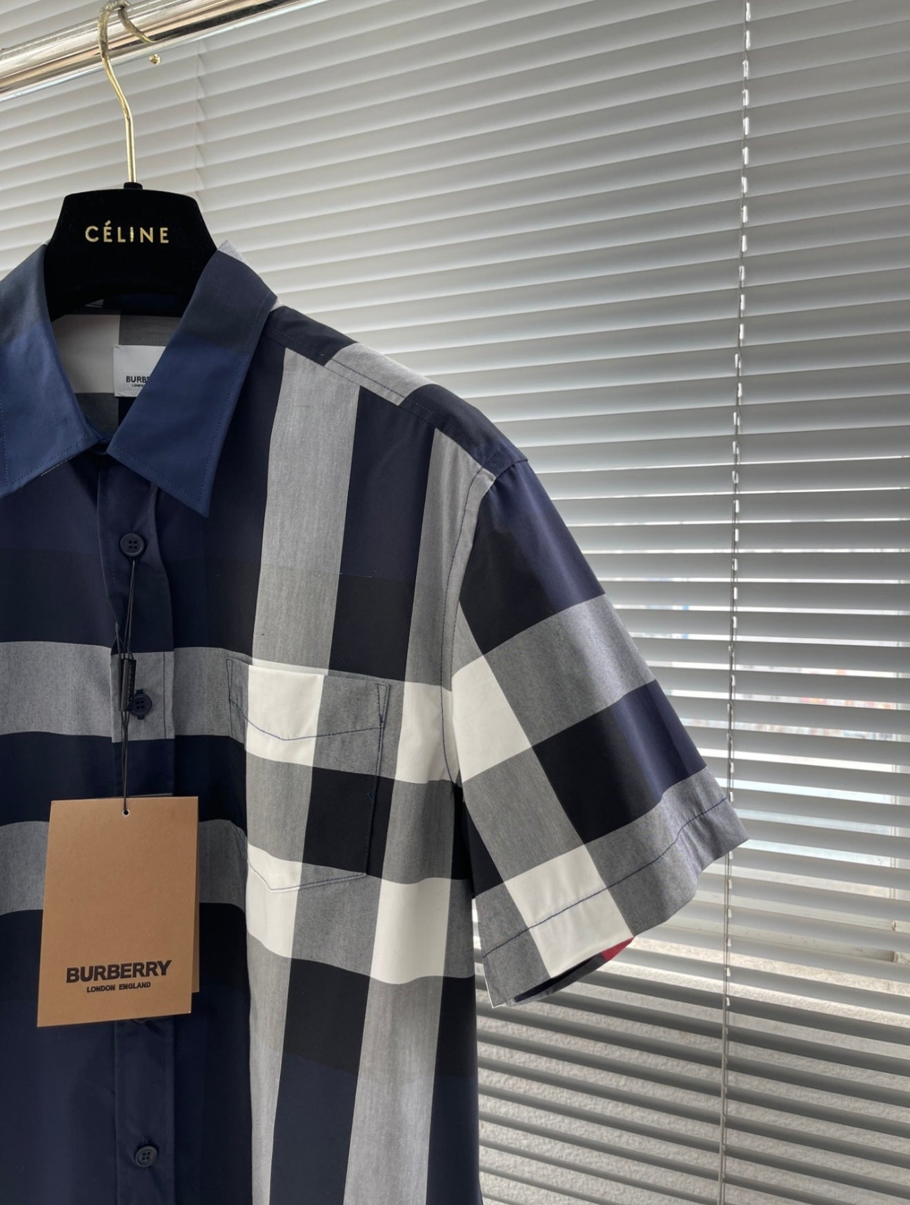 Burberry Men’s Short Sleeve Check Shirt – Navy / Grey / White